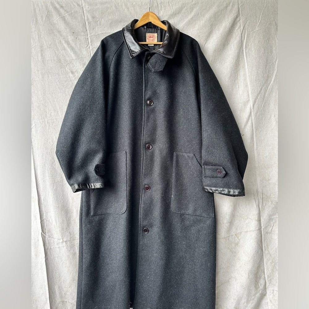 Men's Black Wool Trench Coat with Leather Trim